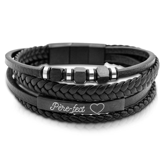 BRACELET EN CUIR NOIR ET ACIER INOXYDABLE - PAPA - PERE-FECT