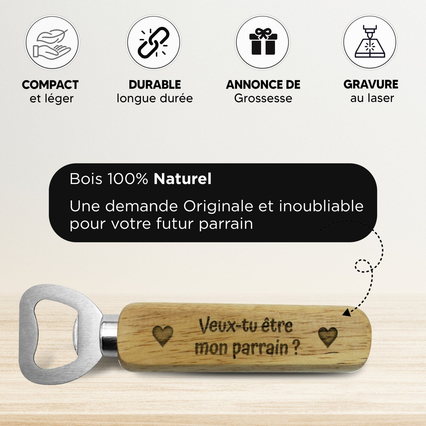 DECAPSULEUR MANCHE BOIS - PARRAIN - J'AI UNE QUESTION
