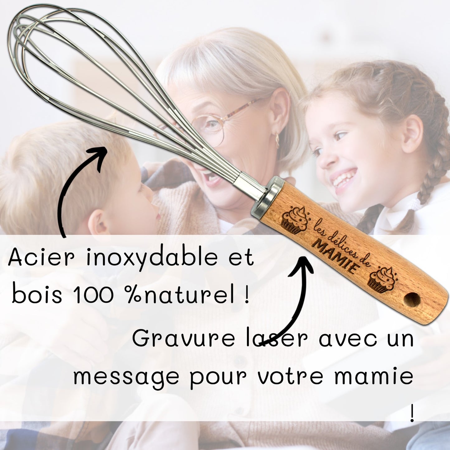 FOUET EN ACIER ET MANCHE EN BOIS - MAMIE - LES DELICES DE MAMIE