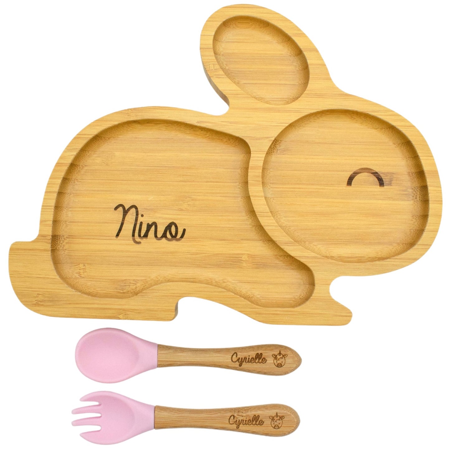 ASSIETTE ET COUVERTS BAMBOU PERSONNALISÉ - LAPIN